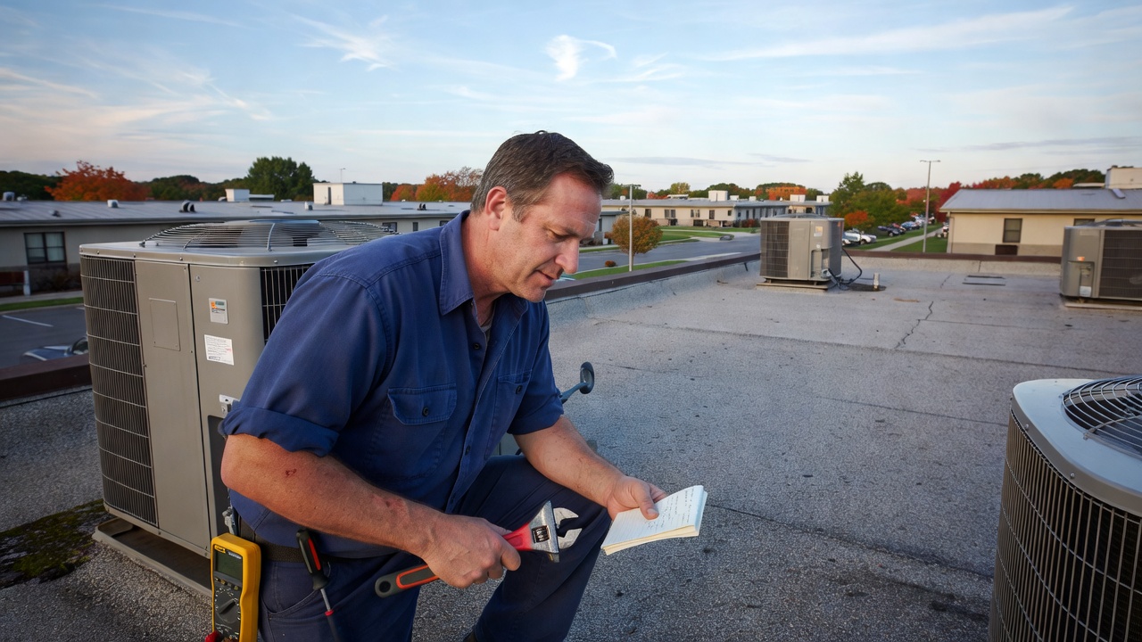 Technician servicing rooftop HVAC equipment